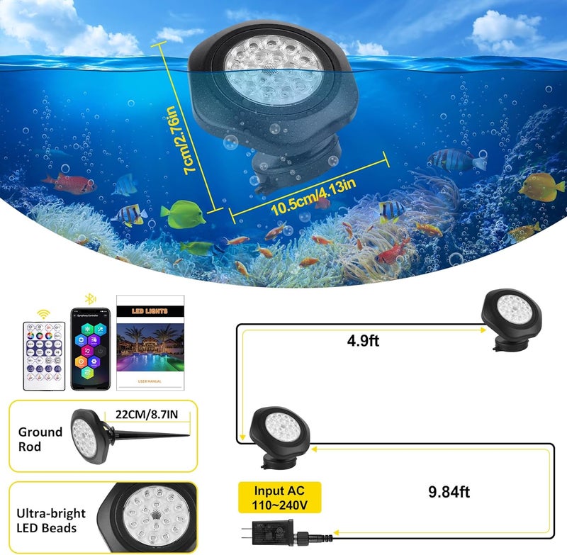 T-SUN Color Changing Pond Lights LED Underwater APP and Remote Control Submersible Fountain Lights IP68 Waterproof Landscape Spotlight Fish Tank Light for Koi Pond Aquarium Garden (Set of 2) - Image 3